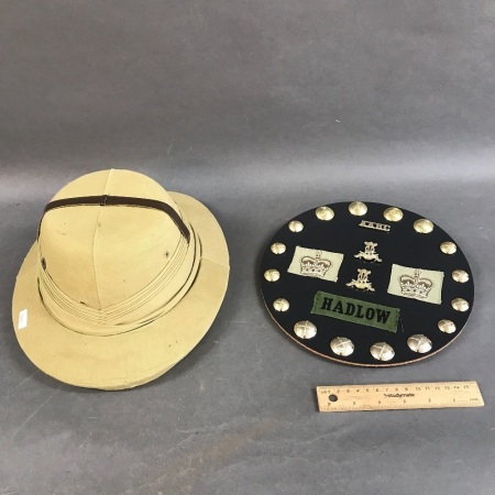 Display of Military Bages & Buttons & Vintage Bombay Bowler Pith Helmet