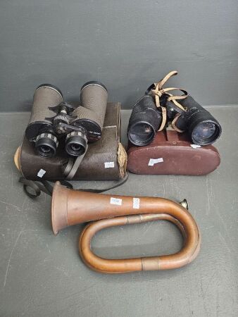 2 Vintage Binoculars & VIntage Army Bugal