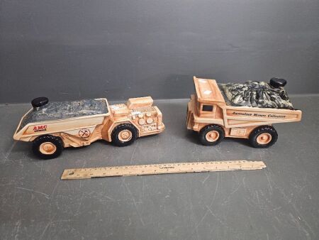 2 Dump Truck Unopened Irwin Mining Industries Tawny Port Decanters