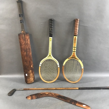 Vintage Cricket Bat, Golf Club, 2 Tennis Rackets & Hardwood Boomerang