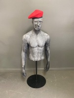 Mannequin on Stand with Red Beret Miners Beret (size 56) app 1300 x 500