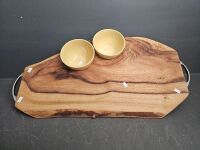 Camphor Laurel Serving Platter with two Bowls and Handles - 3