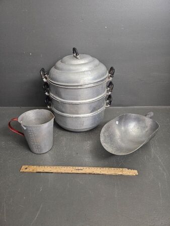 Lot Aluminium Cookware inc Jug, Steamer, and Sarge Scoop