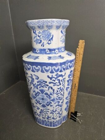 Tall Asian Style Blue and White Floor Vase/Umbrella Stand