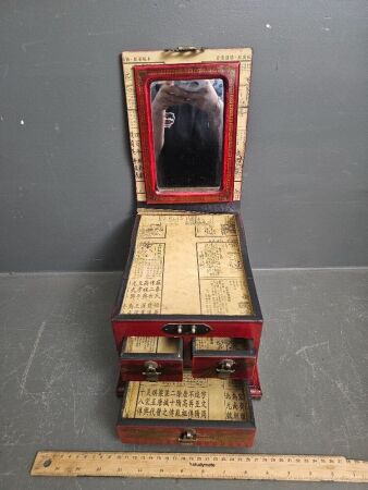 Asian Lacquered Jewllery Box with Mirror & Handpainted Dragonflies & Brass Fittings