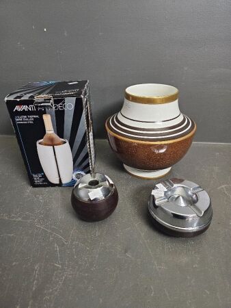 Two Retro Bakelite Ash Trays, Mid Century Villeroy & Boch Vase & Avanti Art Deco Stainless Wine Chiller