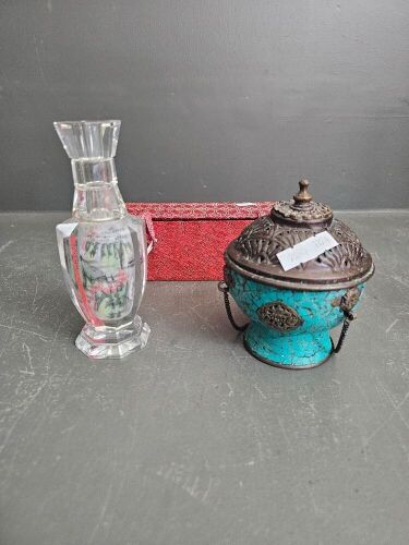 Asian Style Glass Vase & Brass Hanging Incense Burner