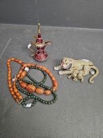 Beautiful Red Glazed Pitcher, Lion Family Trinket Box Hinged and Two Beaded Necklaces (posible jade)