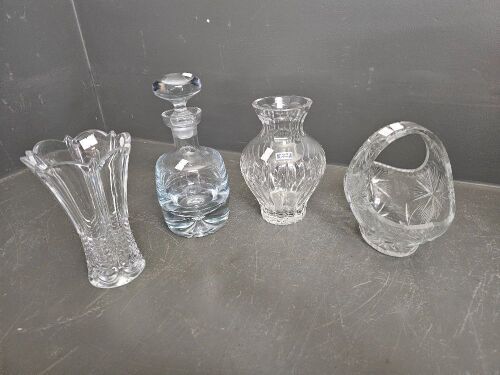 Marquis Vase, Bohemia Crystal Case, Glass Decanter & Etched Glass Basket