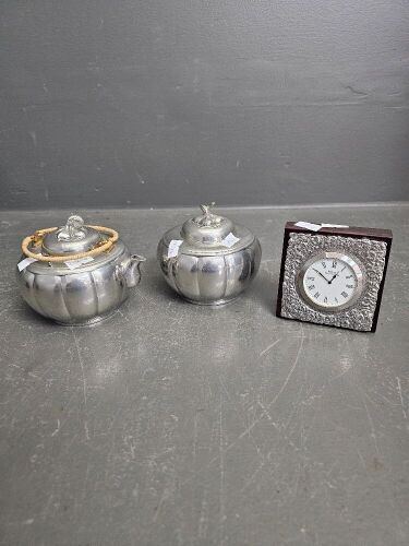 Royal Selangor Pewter Sugar Bowl, Coffee Pot & Desk Clock