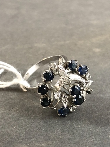 c1960's Sterling Silver Blue & White Sapphire Cluster Ring