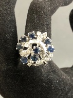 c1960's Sterling Silver Blue & White Sapphire Cluster Ring - 3