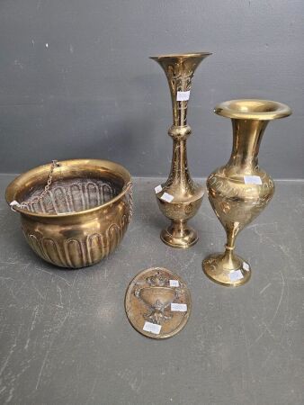 2 Tall Brass Vases Brass Hanging Pots & Vintage Brass Door Plaque