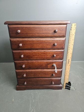 Unusual Mini Mahogany Coloured Wooden Chest with 6 Drawers