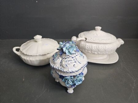 3 Porcelain Tureens Once with Under Dish and Label and on Italian Capodiamonte