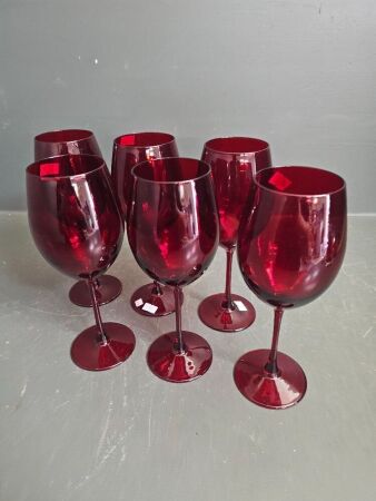 Set of 6 Fine Long Stemmed Ruby Crystal Flutes