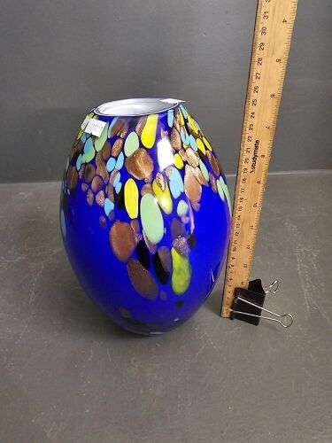 Heavy Royal Blue Glass Art Vase with Multicoloured Features