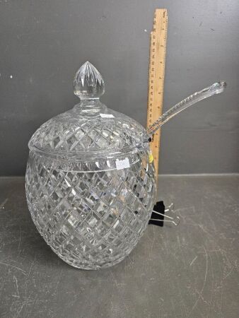 Heavy Bohemia Diamond Cut Crystal Lidded Pot & Exquisite Crystal Label