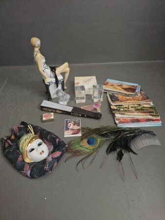 Boxed Lot Postcards, Fans & Figurine