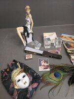 Boxed Lot Postcards, Fans & Figurine - 2