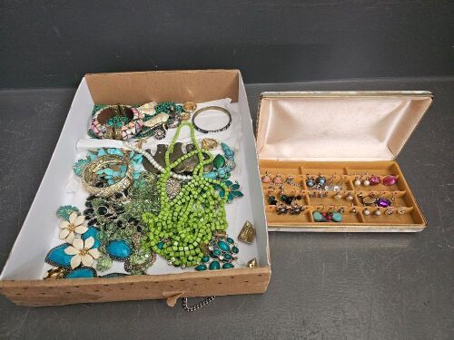 Green Coloured Costume Jewellery & Box of Earrings