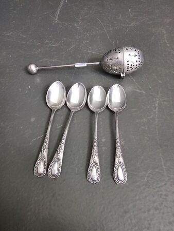 Stirling Silver Antique Spoons x 4 & Stirling Silver Tea Strainer