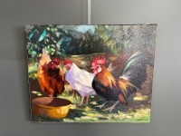 Chickens Oil on stretched canvas signed Wolfgang Lämmle