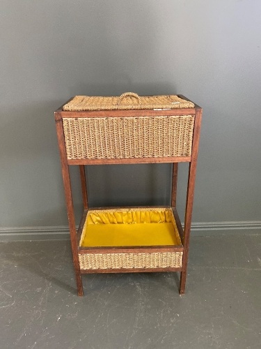 Standing Cane, Wood and fabric Lined Sewing Basket