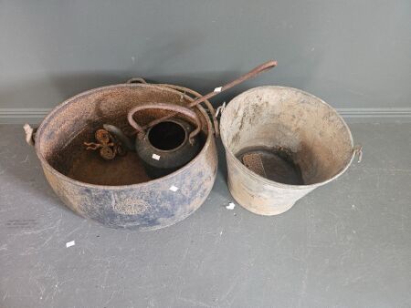 Large J & S Siddons 7 Gal Cast Iron Cauldron, Cast Iron Kettle, Butterfly Brand, Gal Bucket and Misc