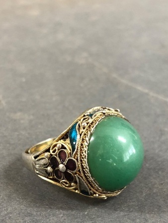 c1920's Chinese Gilt Silver Enamel & Jade Ring