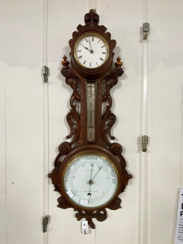 Antique Carved Clock/Barometer/Thermometer by WM Pearce Stratford on Avon c 1880 with key