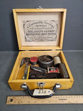 Vintage Wooden Box with Military Memorabilia Belt Knife Pull Through Ammo etc