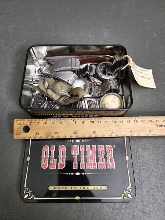 Assorted Old Watches in Old Timber Tin