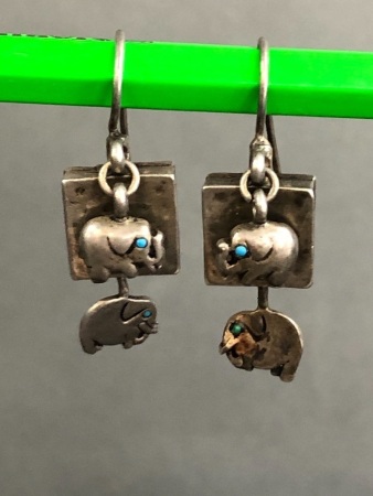 Pair of Sterling Silver & Turquoise Elephant Earrings