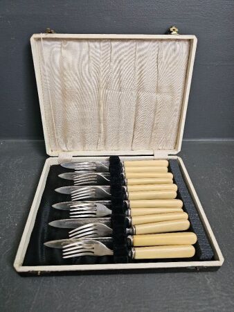 Made in England EPNS Bone Handled Fish Knife & Fork Set in Original Box