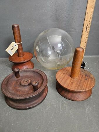 3 Vintage Timber Fishing Reels & Vintage Glass Net Float