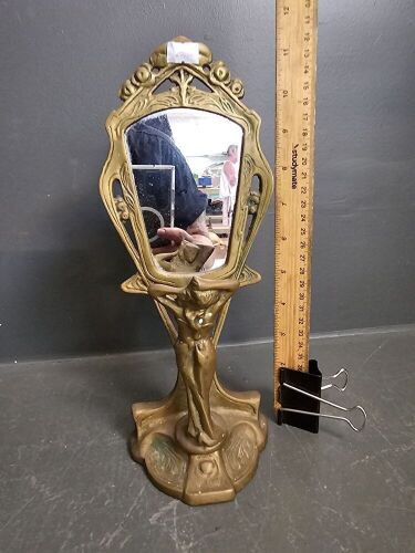 Brass Art Deco Mirror with Figurine