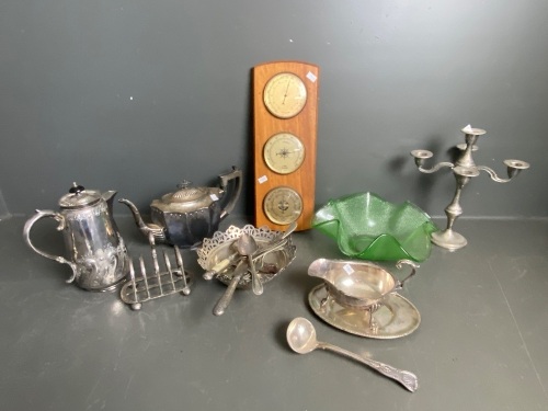 Large Lot of Silver Plate Metalware, Green Glass Ruffle Bowl and Barometer