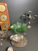 Large Lot of Silver Plate Metalware, Green Glass Ruffle Bowl and Barometer - 4