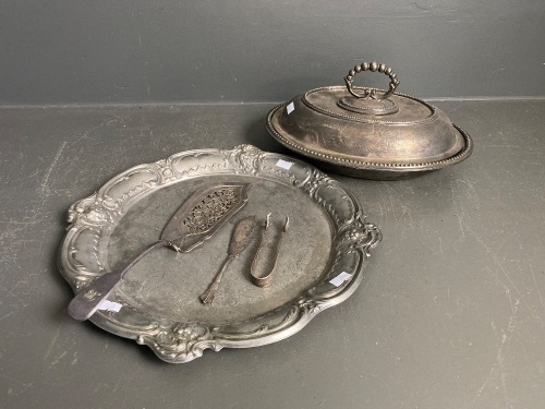 Selection of Silver Plate Servers, Tray and Lidded Dish with Hallmarked Fish Slice