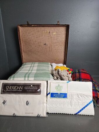 Vintage Suitcase with Pure New Wool Blankets & Assorted Linen