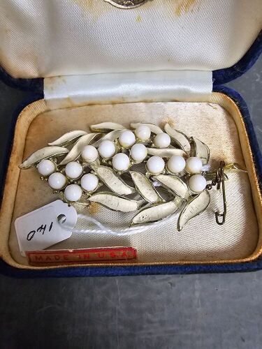 Antique White Enamel & Filded Brooch