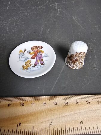 English Miniature Handpainted Plate & English Ceramic Thimble with Cottage Theme