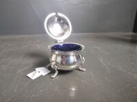 Antique Tri Footed English Regis Mustard Pot with Blue Glass Liner - 3