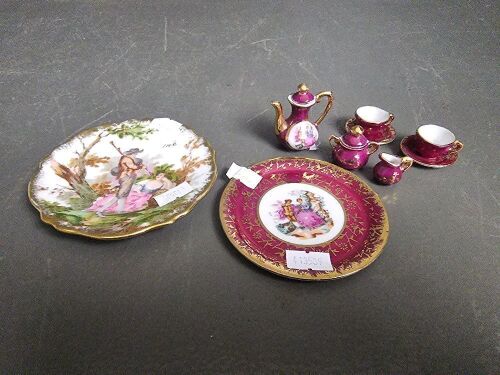 Limoges Romantic Scene Plate & Limoges Style Miniature Tea Set