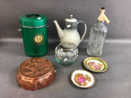 Box Lot of Barware, Ceramics etc. inc. Soda Syphon, Limoge Plates, Copper Mould etc