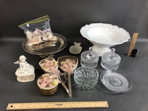 Box Lot of Glass, Ceramics & Plated Items + 3 Piece Vintage Vanity Set