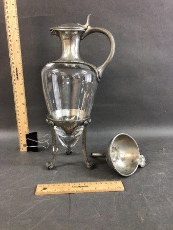 Pewter Lidded Crystal Wine Jug on Petwer Stand with Pouring Funnel