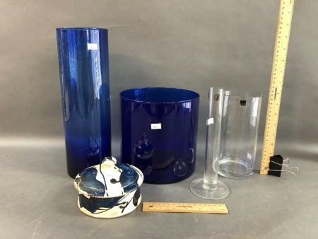 Collection of 4 Glass Vases inc. 2 Blue + Ceramic Art Pot with Lid