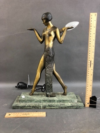 c1930's-40's Art Deco Cast Bronze Lady Lamp on Tiered Marble Base